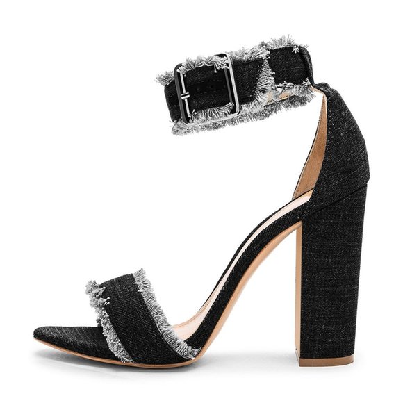 Open-toe denim ankle strap sandals - Picture 2 of 8